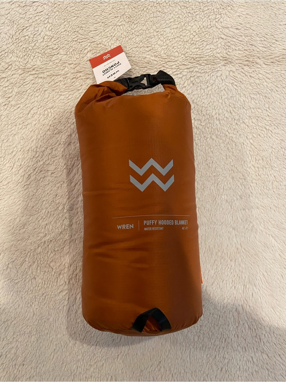 Wren Puffy Hooded Blanket Poncho Water Resistant Orange 46" x 75" NWT
